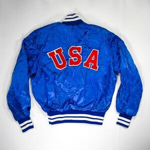 Vintage USA Embroidered Satin Snap Button Bomber Jacket - L